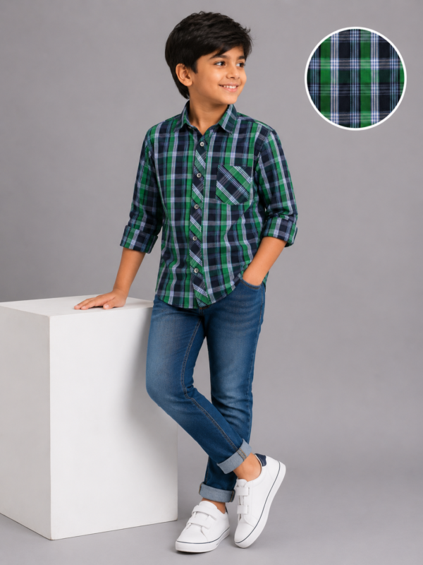 Boys' Stylish Green & Navy Plaid Casual Button-Up Shirt - Image 4