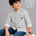 Boy's Abstract Swirl Print Mandarin Collar Shirt - White & Black