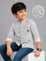 Boy's Abstract Swirl Print Mandarin Collar Shirt - White & Black