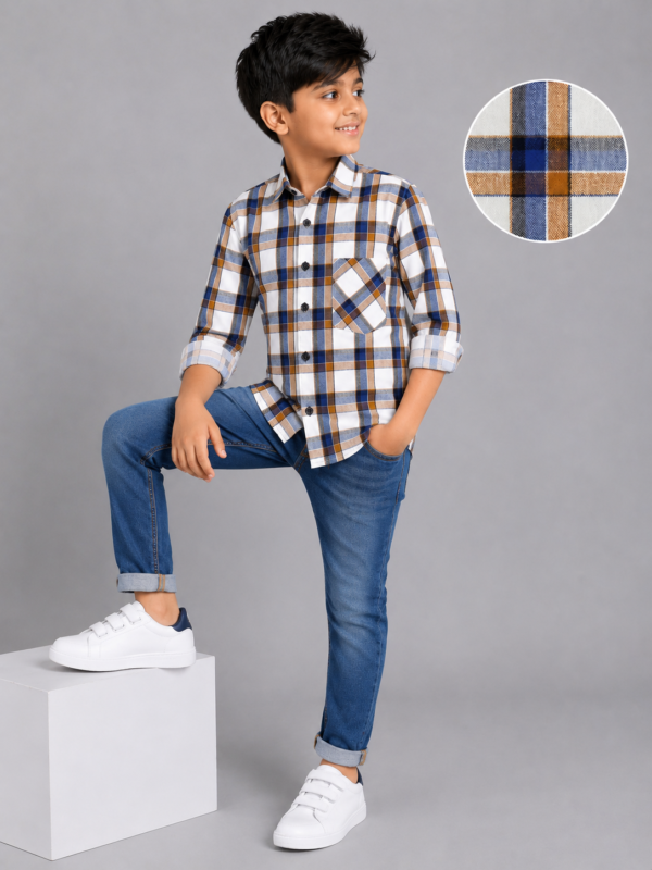 Boys' Stylish Blue & Brown Plaid Full Sleeve Casual Shirt - Image 4