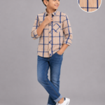 Boys' Tan & Navy Plaid Cotton Casual Shirt