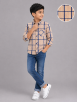 Boys' Tan & Navy Plaid Cotton Casual Shirt