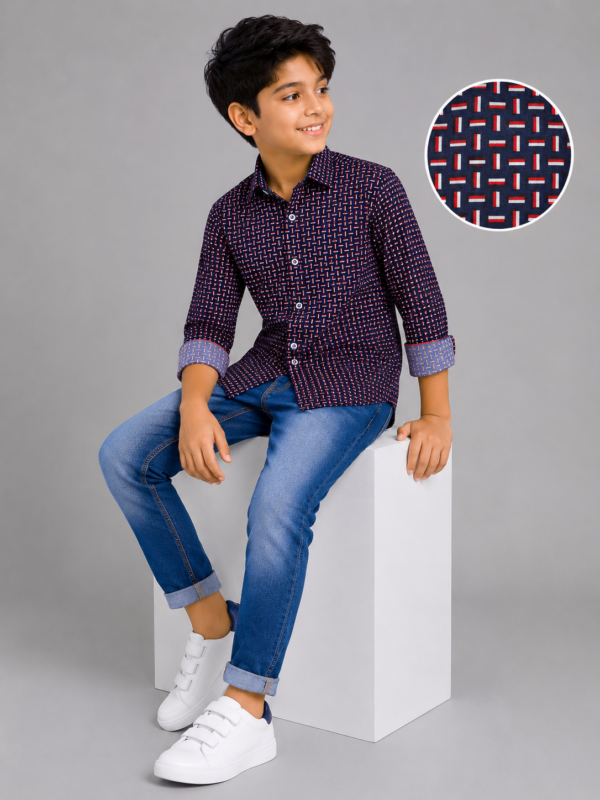 Boys Navy Blue Geometric Print Cotton Shirt - Image 4