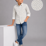 Boys' Modern Geometric Print Casual Shirt - Tan & Grey