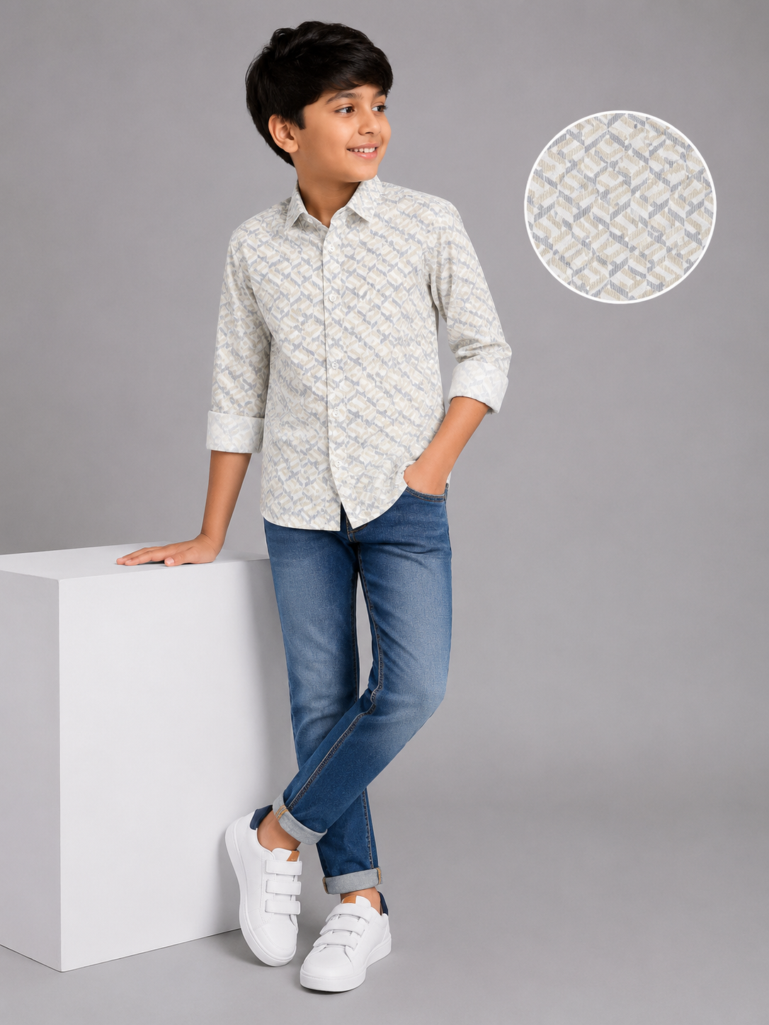 a33e9503-c94b-4a6a-ae54-b5f327f4d306 Boys' Modern Geometric Print Casual Shirt - Tan & Grey - Image 1