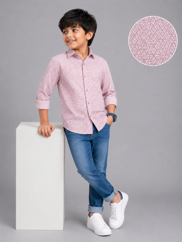 Boys' Stylish Mauve Geometric Print Full Sleeve Shirt - Image 3