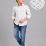 Boys' White & Grey Botanical Print Casual Full Sleeve Shirt
