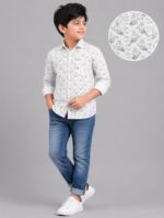 Boys' White & Grey Botanical Print Casual Full Sleeve Shirt