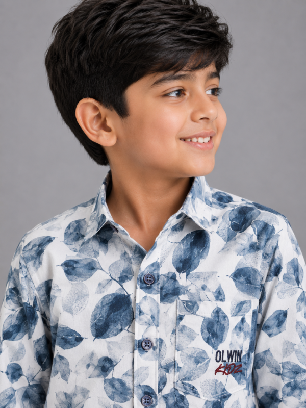 Boys' Blue Watercolor Leaf Print Casual Cotton Shirt - Image 3