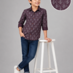 Boys' Burgundy Leaf Patterned Casual Button-Down Shirt