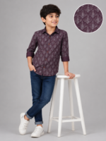 Boys' Burgundy Leaf Patterned Casual Button-Down Shirt