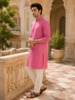Vibrant Fuchsia Textured Cotton Kurta for Men - Image 2