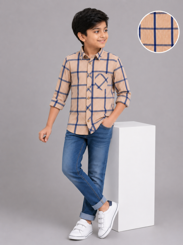 Boys' Tan & Navy Plaid Cotton Casual Shirt - Image 2