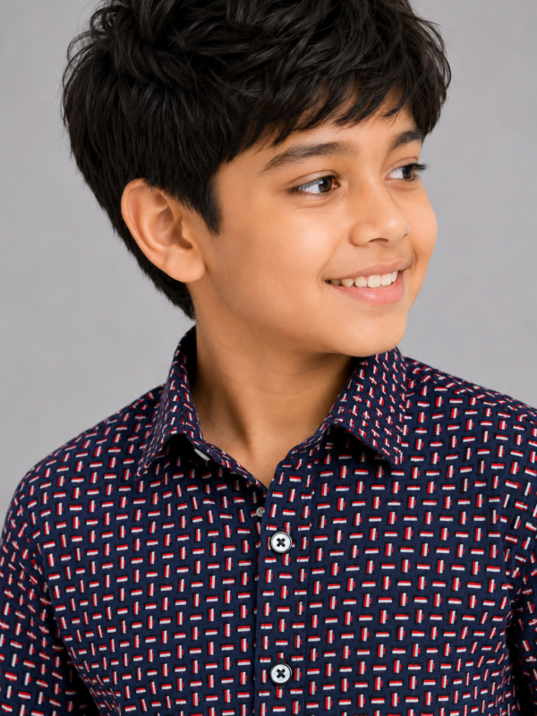 Boys Navy Blue Geometric Print Cotton Shirt - Image 3