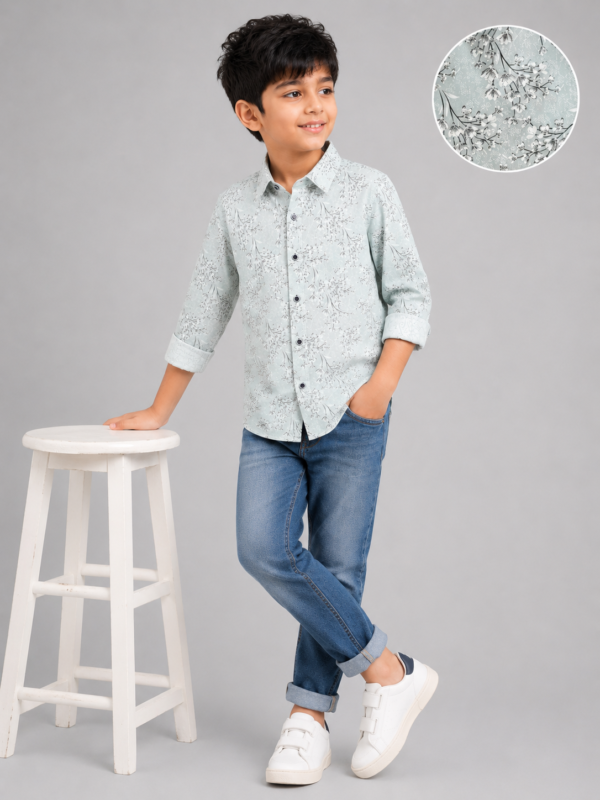 Boys' Mint Green Floral Print Casual Shirt - Image 4