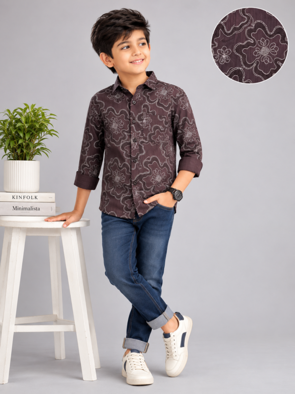 Boys' Elegant Floral & Swirl Print Shirt - Rich Brown - Image 2