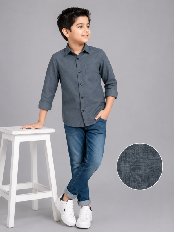 Boys' Smart Casual Textured Short Sleeve Button-Up Shirt - Slate Grey - Image 2