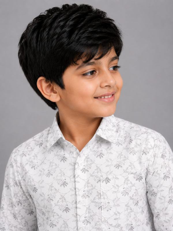 Boys' White & Grey Botanical Print Casual Full Sleeve Shirt - Image 3