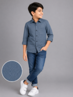 Boys' Stylish Denim Blue Chevron Textured Casual Shirt