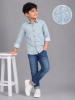 Boys' Aqua Bloom Floral Print Cotton Casual Shirt - Image 3