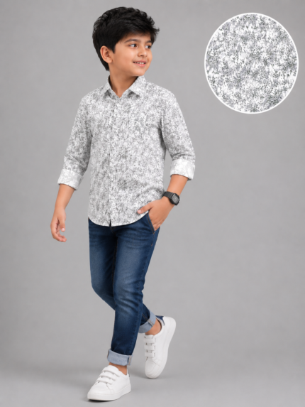 Boys' Stylish Monochrome Floral Print Casual Shirt