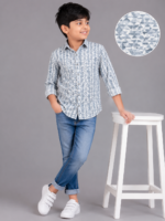 Boys' Blue Grey Geometric Print Full Sleeve Casual Shirt