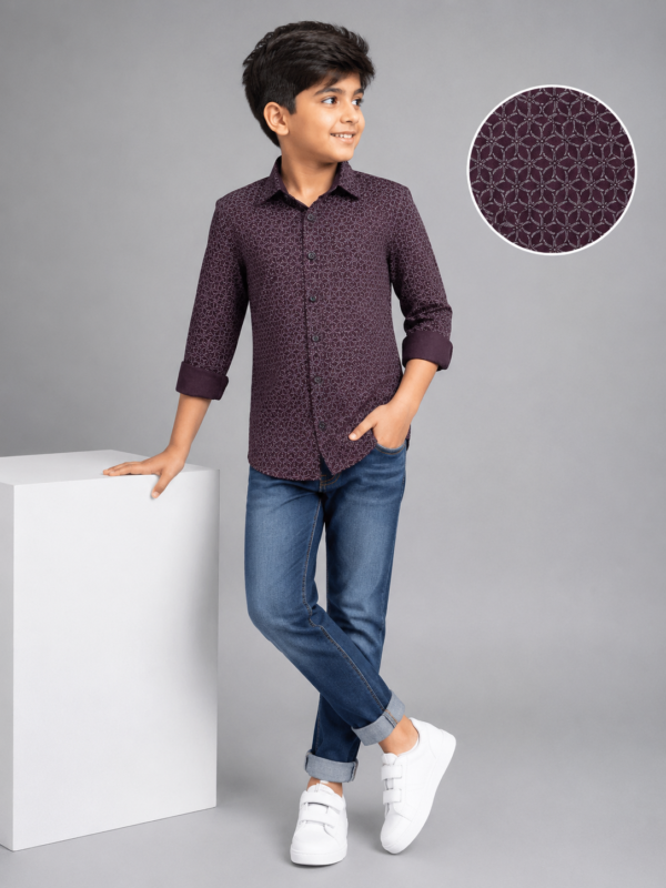 Boys' Stylish Maroon Geometric Print Full Sleeve Casual Shirt - Image 4