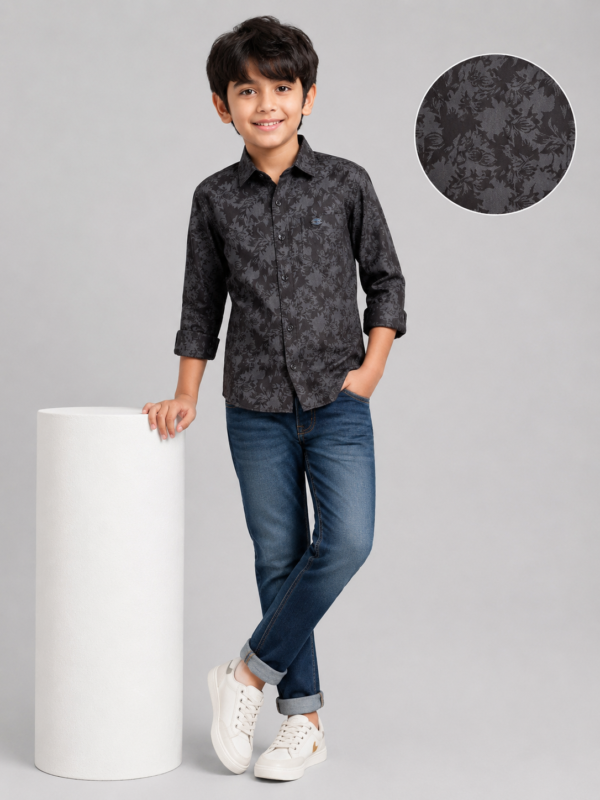 Boys' Stylish Black Floral Print Long Sleeve Casual Shirt - Image 3