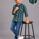 Boys' Stylish Green & Navy Plaid Casual Button-Up Shirt