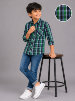 Boys' Stylish Green & Navy Plaid Casual Button-Up Shirt