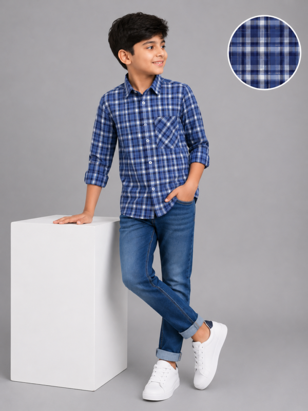 Classic Blue & White Plaid Boy's Full Sleeve Shirt - Image 2
