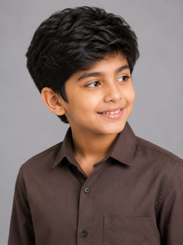 Boys' Premium Cotton Classic Brown Button-Down Shirt - Image 3