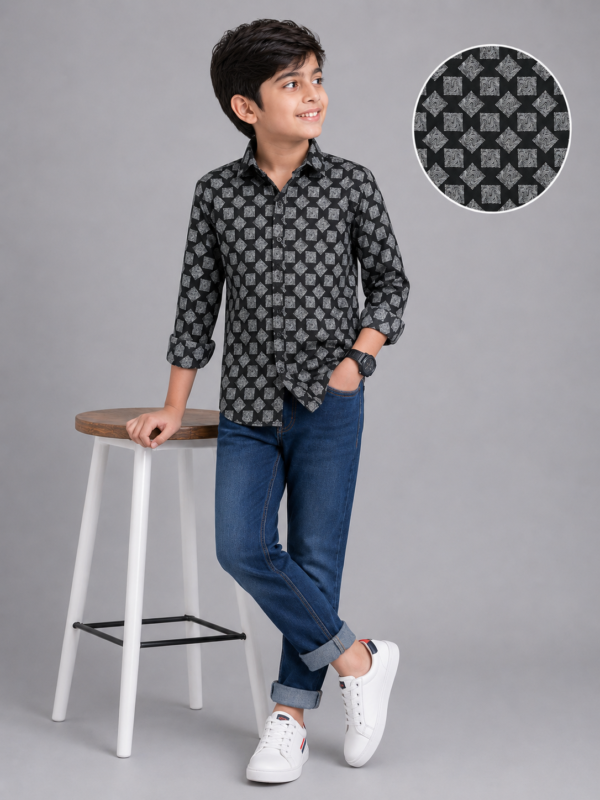 Boys' Stylish Black Geometric Print Casual Shirt - Image 3