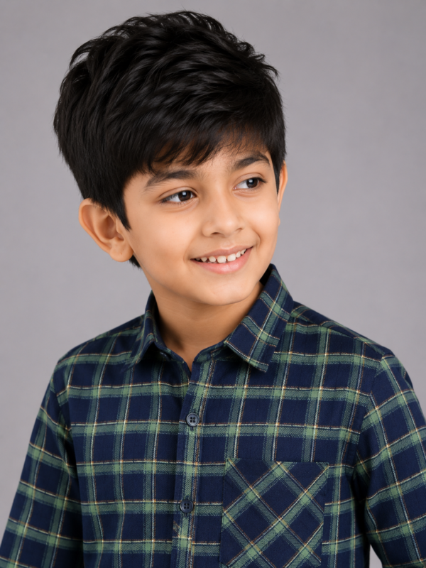Kids' Classic Navy Green Plaid Check Shirt - Full Sleeve Casual - Image 3