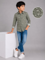 Boys' Olive Green Floral Print Casual Long Sleeve Shirt
