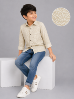 Boys' Stylish Beige Geometric Print Long Sleeve Button-Down Shirt - Image 2