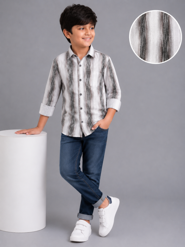 Boys' Stylish Grey & White Textured Stripe Full-Sleeve Shirt - Image 2
