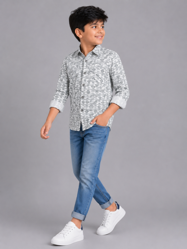 Boys' Geo-Trek Grey & White Triangle Print Casual Shirt - Image 4