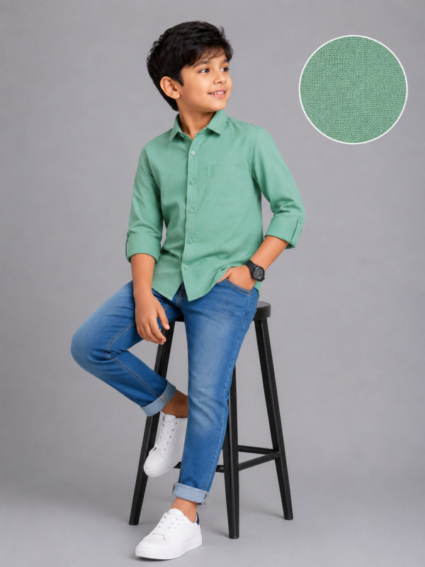 Boys Sage Green Textured Cotton Casual Shirt - Image 2
