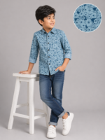 Boys' Stylish Blue Abstract Floral Print Casual Shirt