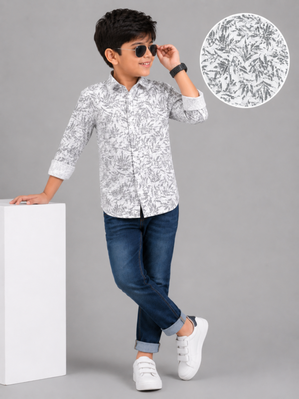 Boys' White & Grey Leaf Print Casual Shirt - Image 4