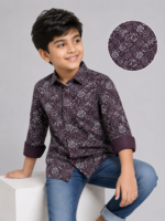 Boys' Trendy Plum Abstract Floral Print Full Sleeve Shirt - Image 3