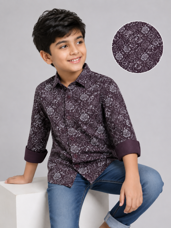 Boys' Trendy Plum Abstract Floral Print Full Sleeve Shirt - Image 3