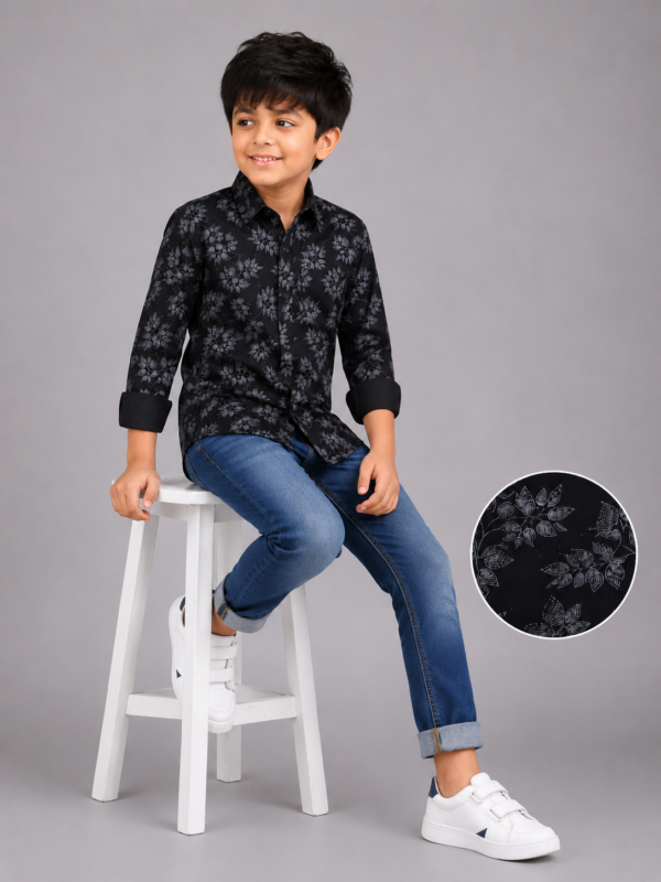 Boys' Trendy Black Floral Print Long Sleeve Casual Shirt - Image 2