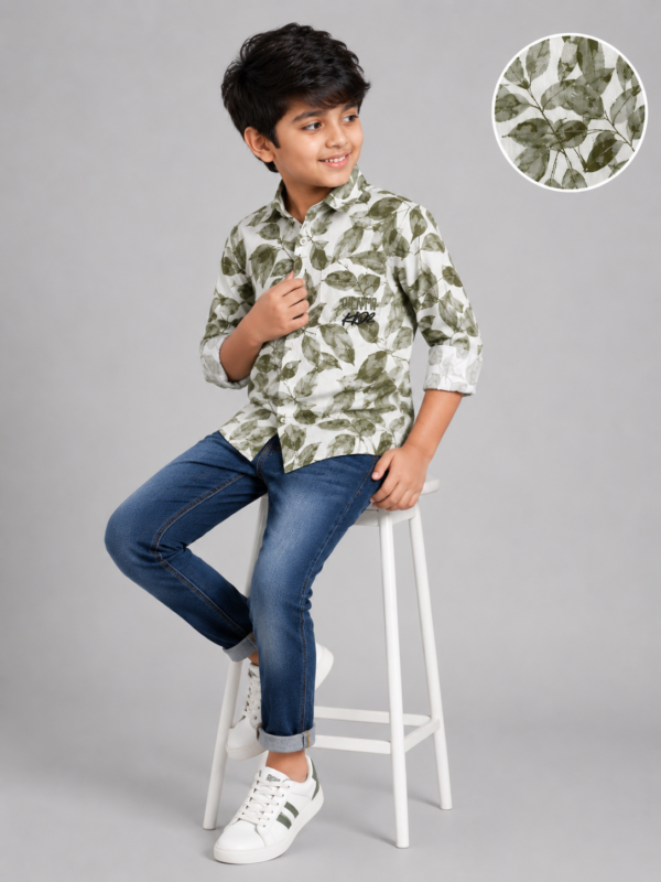 Boys' Nature-Inspired Olive Leaf Print Casual Shirt - Image 3