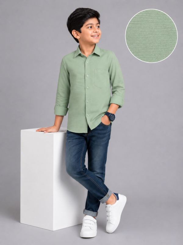 Boys' Sage Green Textured Long Sleeve Casual Shirt - Image 2