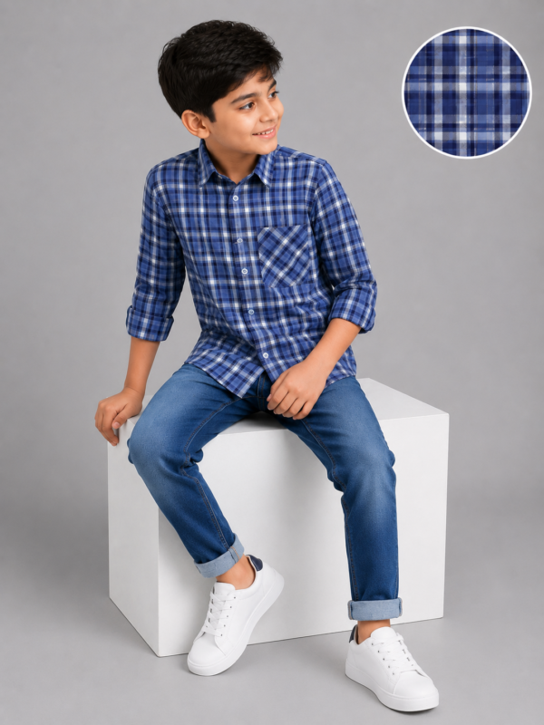 Classic Blue & White Plaid Boy's Full Sleeve Shirt - Image 4