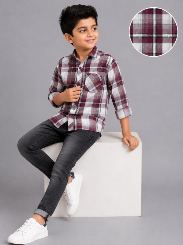 Boy's Burgundy & White Plaid Casual Shirt - Image 4