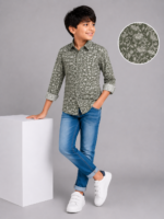 Boys' Olive Green Floral Print Casual Long Sleeve Shirt - Image 3