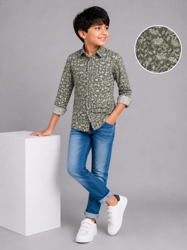 Boys' Olive Green Floral Print Casual Long Sleeve Shirt - Image 3